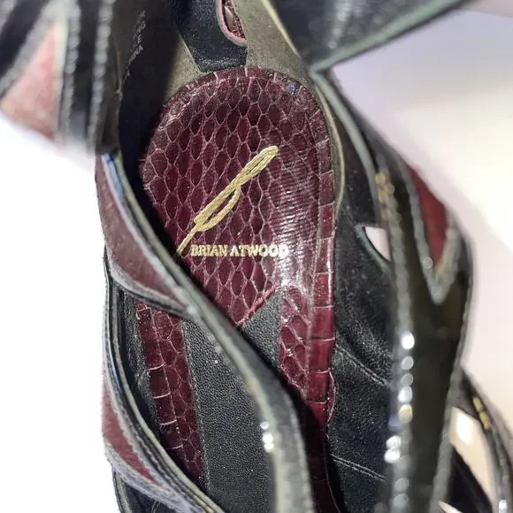 Brian Atwood Shoes Womens Size 8 Burgundy Black Snakeskin High Heel Sandals Zip - Picture 7 of 16